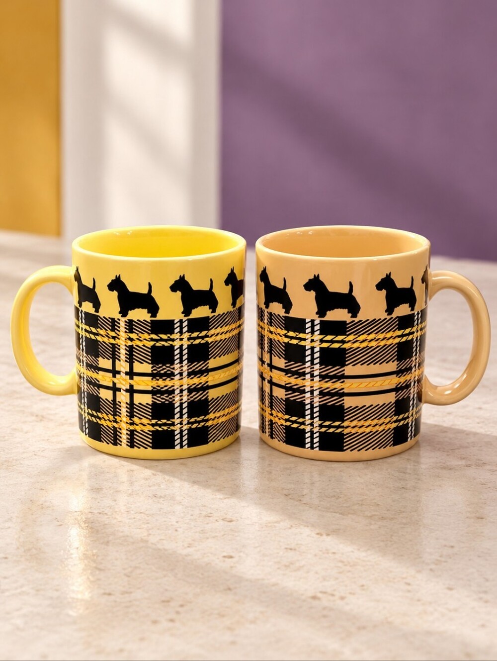 Vintage Anchor Hocking Scottie Dog Tartan Plaid Mugs Japan Set of 2